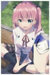  2girls aikawa_megumi bench black_socks can canned_coffee crossed_legs drink_can female_pov green_eyes hair_tie heaven_burns_red highres holding holding_can long_hair multiple_girls on_bench open_mouth park_bench pink_hair pov puyopiku red_ribbon ribbon socks wooden_bench 