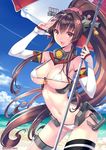  bare_shoulders beach bikini brown_eyes brown_hair cherry_blossoms cloud day detached_sleeves flower hair_flower hair_ornament kantai_collection long_hair looking_at_viewer micro_bikini navel nishimura_eri open_mouth outdoors ponytail salute single_thighhigh sky smile solo strap_gap swimsuit thighhighs umbrella very_long_hair water yamato_(kantai_collection) 