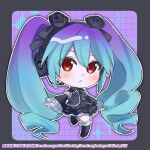  1girl abstract_background alternate_costume alternate_eye_color black_capelet black_flower black_hairband black_necktie black_rose black_shoes black_sleeves black_thighhighs blush border capelet chibi chibi_only commentary_request deformed detached_sleeves dithering drill_hair flower frilled_sleeves frilled_thighhighs frills full_body gothic_lolita gradient_hair grey_border grid_background hair_between_eyes hair_flaps hair_ornament hairband hatsune_miku hatsune_miku_(infinity) headset high_contrast highres kinoshita_aki leg_up lolita_fashion multicolored_hair necktie outside_border purple_hair rose shoes solo sparkle standing standing_on_one_leg thighhighs twin_drills twintails two-tone_hair vocaloid watermark 