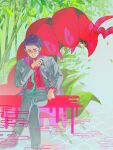  0x_lily 1boy alternate_color antennae bug centipede closed_mouth collared_shirt corbeau_(pokemon) dusk_ball eyewear_strap full_body glasses green_necktie grey_jacket grey_pants highres holding holding_poke_ball jacket leaf male_focus necktie pants poke_ball pokemon pokemon_(creature) pokemon_legends:_z-a purple_hair red_shirt red_shoes round_eyewear scolipede shirt shoes short_hair simple_background sitting white_background yellow_eyes 