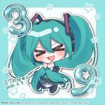  >_< 1girl 2026 :3 balloon blue_border blue_hair blue_trim boots border chibi chibi_only closed_eyes commentary_request dated deformed detached_sleeves excited full_body grabbing_own_hair grey_boots grey_skirt grey_sleeves grid_background hair_between_eyes hair_ornament hatsune_miku headset highres holding_own_hair kinoshita_aki miku_day multiple_tails number_balloon open_mouth pleated_skirt skirt solo star_(symbol) tail thigh_boots translation_request vocaloid watermark white_background 