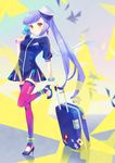  blue_hair brown_eyes hat holding long_hair looking_at_viewer omuni original pink_legwear ponytail smile solo stewardess suitcase thighhighs zettai_ryouiki 