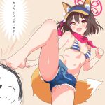  1girl absurdres animal_ear_fluff animal_ears barefoot bikini blue_archive denim denim_shorts doodle_sensei_(blue_archive) eyeshadow fang foot_on_another's_head fox_ears fox_girl fox_tail hair_ornament halo highleg highleg_bikini highres izuna_(blue_archive) izuna_(swimsuit)_(blue_archive) leg_up makeup micro_shorts navel ochazuke_(artist) pink_eyeshadow pink_halo pom_pom_(clothes) pom_pom_hair_ornament red_scarf scarf sensei_(blue_archive) shorts skin_fang solo_focus standing standing_on_one_leg striped_bikini striped_clothes swimsuit tail visor_cap 