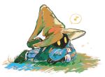  1boy asumi_chikyuu black_gloves blue_coat blue_pants brown_hat brown_shoes coat crossed_arms eighth_note final_fantasy final_fantasy_ix full_body gloves grass hat high_collar highres leg_up long_sleeves looking_ahead lying male_focus musical_note on_ground on_stomach pants shoes signature sketch sleeve_cuffs solid_oval_eyes solo spoken_musical_note striped_clothes striped_pants vertical-striped_clothes vertical-striped_pants vivi_ornitier void_face wide_brim wizard_hat yellow_eyes 