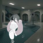  1girl absurdres ame-chan_(needy_girl_overdose) backrooms_(creepypasta) black_eyes black_hair blouse ceiling_light dream_pool feet_out_of_frame full_body hair_ornament hair_over_one_eye highres holding holding_swim_ring indoors nanaji_(nanaj00) needy_girl_overdose off-shoulder_shirt off_shoulder photo_background pool ripples shirt sidelocks slide solo swim_ring tile_floor tiles twintails wading white_shirt x_hair_ornament 