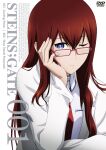  1girl anime_coloring artist_request bespectacled blue_eyes breasts cover cover_page dress_shirt dvd_cover dvd_logo glasses hair_over_shoulder hand_on_own_face hand_rest highres lab_coat logo long_hair makise_kurisu one_eye_closed purple_eyes purple_trim red-framed_eyewear red_eyes red_hair science_adventure shirt small_breasts solo square_pupils steins;gate white_shirt 