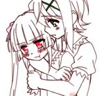  2girls akatsuki_kirika blush embarrassed green_eyes hair_ornament hug hug_from_behind kohakura looking_at_another multiple_girls pajamas pink_eyes pout senki_zesshou_symphogear tsukuyomi_shirabe twintails wavy_mouth yuri 