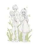  1boy 1girl alternate_costume asymmetrical_sidelocks beret blunt_ends bouquet bow bowtie braid bug butterfly casual choppy_bangs closed_mouth collared_dress collared_shirt contemporary dress eyelashes feathers frilled_dress frills fringe_trim full_body genshin_impact grass hair_ornament half_crown_braid hat height_difference highres holding holding_bouquet holding_letter leaf leaf_hair_ornament leg_warmers letter light_blush long_hair long_sleeves looking_at_viewer mary_janes medium_dress nahida_(genshin_impact) own_hands_together pantyhose partially_colored pointy_ears pom_pom_(clothes) scaramouche_(cat)_(genshin_impact) scaramouche_(genshin_impact) shawl shirt shoes shorts side_ponytail sidelocks smile standing taller_than_canon tareme thigh_strap tilted_headwear undershirt vest white_background yuekou 