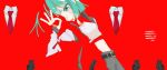  1girl absurdres belt black_belt blending blush_stickers cowboy_shot crop_top cropped_shirt green_eyes green_hair hand_up highres long_sleeves midriff nanoni! navel necktie ok_sign open_mouth original red_background red_necktie short_hair solo 