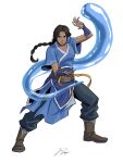  1girl aged_up avatar_legends baggy_pants beads belt blue_dress blue_eyes blue_pants boots braid braided_ponytail breasts brown_boots commentary dark-skinned_female dark_skin dress element_bending english_commentary fighting_stance floating_hair hair_beads hair_ornament hair_tie highres jordan_rodriguez katara leather leather_boots long_hair overskirt pants pendant_choker serious short_sleeves signature simple_background small_breasts standing water white_background 