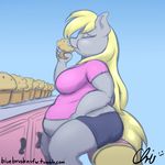  2014 anthro anthrofied blonde_hair blue_background chubby clothing crispychris derpy_hooves_(mlp) equine eyes_closed female food friendship_is_magic fur grey_fur hair holding mammal muffin my_little_pony plain_background sitting solo 