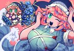  1girl :d blue_shirt breasts chibi clenched_hand commentary gourd green_eyes hand_on_own_hat hands_up highres holding holding_gourd large_breasts leaf_st medium_hair okunoda_miyoi one_eye_closed pink_background pink_hair shirt short_sleeves signature smile solo teeth touhou upper_body upper_teeth_only waves whale_hat 