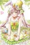  1girl animal_ears ayaro_(genkiloobaii) bare_shoulders blunt_bangs blunt_ends blush bow bowtie breasts brown_hair clenched_hands collarbone commentary_request dappled_sunlight day dress dress_bow dress_flower easter easter_egg egg embarrassed eyelashes eyes_visible_through_hair feet_out_of_frame flower flying_sweatdrops frilled_arm_strap frilled_dress frills furrowed_brow green_dress green_ribbon hair_flower hair_ornament hair_ribbon hat hat_flower heaven_burns_red highres hime_cut long_hair looking_at_viewer official_alternate_costume ogasahara_hisame ogasahara_hisame_(spring-colored_easter_bunny) orange_bow orange_bowtie outdoors pink_flower rabbit_ears ribbon sidelocks simple_background small_breasts solo straight_hair strapless strapless_dress striped_bow striped_bowtie striped_clothes sunlight top_hat twintails very_long_hair watermark white_background white_flower yellow_bow yellow_eyes yellow_flower yellow_hat 