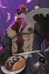 2:3 abs ahoge ambiguous_species anthro balls barazoku big_penis black_sclera bodily_fluids body_hair bow_tie butt chest_tuft clothing cum cum_on_penis fangs genital_fluids genitals gloves hair handwear happy_trail hi_res holding_tray hot_dog_bun jockstrap looking_at_viewer looking_down looking_down_at_viewer low-angle_view male money money_rain mostly_nude muscular muscular_arms muscular_legs muscular_male nipple_piercing nipples offering_money offscreen_character pecs penis penis_in_food penis_through_underwear piercing plate pole red_eyes smile solo stripper_pole teeth tuft underwear uriex veiny_arms