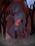 anthro ball blood bodily_fluids canid canine corpse eating erection eyebrows fog full_moon fur genitals gore grass grey_body grey_fur knot male mammal moon mythological_canine mythological_creature mythology penis plant roli_poli solo tree werecanid werecanine werecreature werewolf