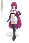  1girl alternate_hairstyle black_boots black_gloves black_shirt blue_eyes blunt_bangs boots closed_mouth commentary commission cropped_jacket elbow_gloves gloves hand_on_own_hip highres jacket jessie_(pokemon) long_hair mzrz navel pokemon pokemon_(anime) purple_hair shirt sidelocks skirt solo standing team_rocket team_rocket_uniform thigh_boots white_background white_jacket white_skirt 