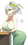  1girl alternate_costume animal_ears breasts cleavage closed_mouth commentary cup curvy dress english_commentary from_side green_dress grey_hair highres huge_breasts inkling leaning_forward marie_(splatoon) orange_eyes pointy_ears ray_brighten solo splatoon_(series) tentacle_hair white_background 