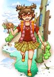  bag bookbag brown_eyes bug cloud day dragonfly glasses hair_bobbles hair_ornament highres insect original puddle reflection shoes short_hair short_twintails skirt snail telephone_pole tenji_sanmon toad_(animal) translation_request twintails 