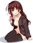  1girl asura_(moepeach) black_cardigan black_legwear breasts brown_eyes brown_hair cardigan cleavage collarbone eyebrows_visible_through_hair hair_between_eyes highres holding long_hair looking_at_viewer medium_breasts naked_cardigan nipples open_cardigan open_clothes open_mouth original shiny shiny_hair simple_background solo thighhighs white_background 