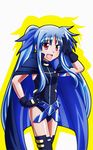  :d absurdres bangs belt black_gloves black_legwear blue_hair cape covered_navel cowboy_shot fang flat_chest gloves hair_ribbon hand_on_hip happy highres leotard long_hair looking_at_viewer loose_belt lyrical_nanoha magical_girl mahou_shoujo_lyrical_nanoha mahou_shoujo_lyrical_nanoha_a's mahou_shoujo_lyrical_nanoha_a's_portable:_the_battle_of_aces material-l open_mouth outline parted_bangs red_eyes ribbon salute sidelocks simple_background smile solo standing tappa_(esperanza) thighhighs turtleneck twintails very_long_hair white_background 