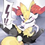  1girl absurdres animal_ear_fluff animal_ears animal_feet animal_nose black_fur blush body_fur braixen clenched_teeth closed_eyes commentary_request egg egg_laying flat_chest fox_ears fox_girl fox_tail furry furry_female highres lying multicolored_fur neck_fur on_back pokemon pokemon_(creature) pussy snout speech_bubble spread_legs sweat tail teeth white_fur yellow_fur youjo_modoki 