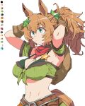  1girl animal_ears armband bandana bandeau bare_shoulders belt blue_eyes blush_stickers breasts brown_belt brown_gloves brown_hair cleavage closed_mouth cowboy_hat gloves green_armband green_bandeau green_skirt hair_ornament hands_in_own_hair hat hat_on_back horse_ears horse_girl horse_tail large_breasts long_hair midriff navel ponytail red_bandana red_scarf scarf sheriff_badge simple_background skirt solo star_(symbol) star_hair_ornament taiki_shuttle_(umamusume) taiki_shuttle_(wild_frontier)_(umamusume) tail toriga_naku umamusume white_background 