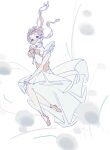  1girl absurdres baizhi10989 ballet_slippers bare_arms bare_legs bare_shoulders bow bowtie brown_eyes chinese_commentary commentary_request corset covered_mouth dandelion_seed dot_nose dress expressionless floating floating_clothes floating_hair frilled_dress frills full_body hand_on_own_knee highres long_dress long_sidelocks nikki_(nikki) nikki_(series) no_socks pink_hair pleated_dress red_bow red_bowtie red_corset red_shoes shoes short_hair_with_long_locks sidelocks simple_background sleeveless sleeveless_dress solo upturned_eyes wavy_hair white_background white_dress 