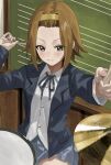  1girl absurdres blue_skirt blush brown_eyes brown_hair chalkboard collared_shirt cymbals drum drum_set drumsticks hairband highres holding holding_drumsticks instrument jacket k-on! long_sleeves neck_ribbon nekoshima_kaede open_clothes open_jacket open_mouth playing_drums playing_instrument pleated_skirt ribbon sakuragaoka_high_school_uniform school_uniform shirt short_hair skirt smile solo tainaka_ritsu white_shirt 
