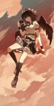  1girl absurdres black_socks boots breasts brown_boots brown_wings camera chinese_commentary cloud collared_shirt commentary_request feathered_wings flying frilled_skirt frills full_body geta hat highres holding holding_camera kenkxx kneehighs lace-up_boots looking_at_viewer open_mouth outdoors pom_pom_(clothes) puffy_short_sleeves puffy_sleeves red_eyes red_hat shameimaru_aya shirt short_sleeves skirt small_breasts smile socks solo tengu-geta tokin_hat touhou white_shirt wings 