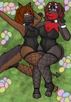 absurd_res amber_brown anthro bunny_costume canid canid_demon canine canis clothing costume dank-artistic-fox demon domestic_dog duo easter female fishnet_clothing german_shepherd grass hellhound herding_dog hi_res holidays mammal morgan_moonshine mythological_canine mythological_creature mythology pastoral_dog plant