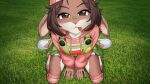  1girl :3 all_fours animal_ears animal_nose bandaid bandaid_on_face bandaid_on_nose baseball_cap bethy body_fur breasts brown_eyes brown_hair claws closed_mouth commentary commission commissioner_upload english_commentary from_above full_body furrification furry furry_female grass green_overalls half-closed_eyes hat hood hoodie indie_virtual_youtuber knee_pads large_breasts long_sleeves looking_at_viewer medium_hair multicolored_shoes overalls pecokun_999 photo_background pink_hat pink_hoodie pink_shoes rabbit_ears rabbit_girl second-party_source shoes snout socks solo suspenders tongue tongue_out two-tone_shoes virtual_youtuber white_shoes white_socks 