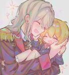  1boy 1girl :d aged_down baby_carry black_jacket blonde_hair booooobam bow bowtie buttons carrying child closed_eyes coat commentary_request contrast_collar don_quixote_(project_moon) double-parted_bangs epaulettes fang grey_background hand_on_another's_cheek hand_on_another's_chin hand_on_another's_face hands_up happy head_tilt highres jacket knees_up korean_commentary la_manchaland's_don_quixote_(project_moon) lapels limbus_company limbus_kindergarten_uniform long_hair long_sidelocks long_sleeves lying on_back open_mouth project_moon red_bow red_bowtie red_coat red_shirt shirt short_hair sidelocks skin_fang sleeve_cuffs smile star_(symbol) white_hair 