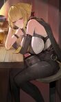  1girl absurdres alcohol arm_strap beer black_gloves black_pants blonde_hair blush breasts chest_harness commentary elbow_gloves english_commentary evelyn_chevalier glass gloves hair_up harness high-waist_pants highres huinjebi large_breasts looking_at_viewer necktie on_stool pants purple_eyes single_elbow_glove sitting smile solo stool tight_clothes tight_pants yellow_necktie zenless_zone_zero 