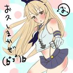  bare_legs blonde_hair blush breasts crop_top crop_top_overhang elbow_gloves fujima_(k114) gloves highleg highleg_panties kantai_collection long_hair midriff miniskirt panties panty_lift pun sailor_collar shimakaze_(kantai_collection) skirt small_breasts solo underwear white_gloves 