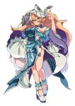  1girl absurdres adapted_costume animal_hat between_fingers blonde_hair blue_tabard breasts closed_mouth commentary_request dress fox_shadow_puppet fox_tail full_body gokuu_(acoloredpencil) hair_between_eyes hat high_heels highres holding holding_ofuda kitsune large_breasts looking_at_viewer mob_cap multiple_tails ofuda ofuda_between_fingers shoes short_hair simple_background smile tabard tail thighs touhou white_background white_dress white_shoes wide_sleeves yakumo_ran yellow_eyes 