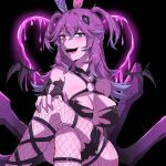  1girl animal_ears black_background black_bra blue_eyes blue_hair bra breasts cleavage cottontail_(vtuber) crossed_legs demon_wings elbow_gloves fatpenguinz fingerless_gloves fishnet_pantyhose fishnets gloves gradient_hair hair_between_eyes hair_ornament heterochromia indie_virtual_youtuber large_breasts long_hair looking_at_viewer multicolored_hair open_mouth pantyhose purple_eyes purple_hair rabbit_ears rabbit_girl short_twintails sitting thighs torn_clothes twintails underwear virtual_youtuber wings 