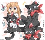  black_body black_fur domestic_cat duo english_text felid feline felis female feral fur held_up hi_res human japanese_text kireymin male mammal nichijou pawpads sakamoto_(nichijou) scarf simple_background surprised text 