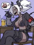  1girl alcohol armband artist_name beer beer_mug belt black_dress black_horns black_tail breasts chair clawed_gauntlets colored_skin commentary cropped_jacket cup dark-skinned_female dark_skin demon_girl demon_horns demon_tail dress english_commentary femme_soule gloves goat_girl goat_horns grey_skin helltaker helltaker_dance horns jacket ji_heeeeeee judgement_(helltaker) large_breasts leather_bikini metal_gloves midriff mug navel open_clothes open_jacket open_mouth pink_hair ponytail pukey_goddess_shot_trick shirt solo speech_bubble spiked_horns spoken_character table tail thigh_belt thigh_strap thighhighs twitter_username white_eyes white_hair 