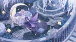  2girls bare_shoulders black_dress black_hair breasts butterfly_wings dress flower fountain grey_hair highres insect_wings long_dress long_hair multiple_girls ookura_risona rose sakurakouji_luna sitting stairs tsuki_ni_yorisou_otome_no_sahou umehara_sei white_dress white_flower white_rose wings 
