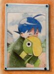  2boys absurdres ahoge blue_hair closed_eyes colored_pencil_(medium) creature english_commentary green_jacket hat highres hinata_fuyuki hug jacket keroro keroro_gunso_kerorin keroro_gunsou multiple_boys short_hair traditional_media upper_body yellow_hat 