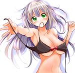  absurdres armpits bad_id bad_pixiv_id bikini bikini_in_mouth black_bikini breasts cleavage collarbone commentary_request green_eyes highres large_breasts long_hair mouth_hold open_bikini open_clothes original outstretched_arm ribbon ribbon_in_mouth silver_hair solo swimsuit underboob velia 