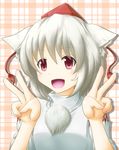  animal_ears detached_sleeves double_v happy hat highres inubashiri_momiji looking_at_viewer open_mouth pinesea pom_pom_(clothes) red_eyes short_hair silver_hair solo tokin_hat touhou v wolf_ears 