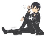  1boy ankle_boots arm_on_own_leg armored_boots artist_name asagi501 black_boots black_coat black_gloves black_hair black_pants black_shirt boots closed_mouth coat crumbs double-parted_bangs eating fingerless_gloves food food_on_face food_request from_side full_body gloves grey_boots grey_eyes hair_between_eyes highres holding holding_food kirito knee_up long_sleeves looking_at_viewer looking_to_the_side male_focus messy_eater messy_hair multicolored_boots open_clothes open_coat pants shirt short_hair simple_background sitting smile solo split_mouth sword_art_online translation_request twitter_username two-tone_boots white_background white_trim 