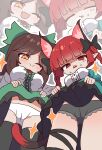  2girls ;) ;d absurdres animal_ears black_hair black_panties blunt_bangs bow breasts cameltoe cat_ears cat_girl cat_tail clothes_lift commission extra_ears fang from_below green_bow hair_bow highres kaenbyou_rin lifting_own_clothes looking_at_viewer magg_(user_mtca8588) multiple_girls one_eye_closed open_mouth orange_eyes panties partially_shaded_face pointy_ears red_eyes red_hair reiuji_utsuho skin_fang smile star_(symbol) sweat tail touhou underwear white_panties zoom_layer 