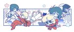  2boys akakmatsu_(akmatuakmatu) blonde_hair blue_eyes blue_hair char_aznable chibi floating full_body gundam kamille_bidan mecha_pilot_suit multiple_boys normal_suit_(gundam) quattro_bajeena simple_background star_(symbol) sunglasses white_background zeta_gundam 