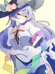  1girl black_hat blue_hair blue_skirt bow bowtie breasts center_frills closed_mouth commentary commission frilled_skirt frills hat highres hinanawi_tenshi long_hair looking_at_viewer nanashi_1104 peach_hat_ornament rainbow_order red_bow red_bowtie red_eyes short_sleeves skeb_commission skirt solo touhou 