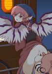  1boy 1girl absurdres animal_ears ass bar_censor bent_over bird_ears bird_girl bird_wings blue_headscarf bonobo_(odenokaz) bottomless brown_kimono brown_sash censored commentary_request crossed_bangs feet_out_of_frame fellatio from_behind futanari hand_on_another's_ass headscarf highres japanese_clothes kimono lantern light_blush looking_at_viewer looking_back mystia_lorelei obi okamisty open_mouth oral paper_lantern penis pink_hair purple_eyes pussy sash seductive_smile sex sex_from_behind short_hair smile tasuki testicles touhou turning_head wings 