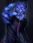  2019 5_fingers anthro black_nose blue_fur canid canine canis claws clothed clothing conditional_dnp demon digital_media_(artwork) fur looking_at_viewer male mammal necktie ratte red_eyes solo suit vampire wolf 