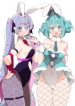  2girls :d :p absurdres animal_ear_piercing animal_ears aqua_eyes aqua_hair arm_behind_back ass_visible_through_thighs bicute_bunnies_miku bicute_bunnies_miku_(white_bunny) black_leotard black_ribbon blue_eyes blush bow bowtie bright_pupils chest_tattoo closed_mouth clothing_cutout colored_inner_hair commentary covered_navel cowboy_shot detached_collar double_bun dress ear_bow fishnet_pantyhose fishnets from_side fur-trimmed_dress fur_collar fur_trim fur_wrist_cuffs grey_bow grey_necktie hair_bun hair_ornament hair_ribbon hairband hand_in_own_hair hand_on_own_hip hatsune_miku heart heart_hair_ornament highres leg_tattoo leotard licking_lips long_hair looking_at_viewer looking_to_the_side multicolored_hair multiple_girls navel_cutout necktie no_nose number_tattoo open_mouth pantyhose pink_hair playboy_bunny purple_hair purple_pantyhose rabbit_ears rabbit_hole_(vocaloid) red_bow red_bowtie red_tattoo ribbon short_necktie simple_background smile straight-on strapless strapless_dress tattoo thigh_strap thighs tie_clip tied_ears tongue tongue_out two-tone_hair uruti_2388 very_long_hair vocaloid white_background white_hairband white_leotard white_pupils white_wrist_cuffs wrist_cuffs 
