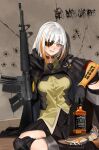  against_wall assault_rifle black_boots black_gloves black_skirt blunt_bangs blush boots bottle braid girls'_frontline gloves gun highres hood hooded_jacket jack_daniel's jacket knee_pads long_hair long_sleeves looking_at_viewer m16 m16a1 m16a1_(boss)_(girls'_frontline) m16a1_(girls'_frontline) mousseno49 multicolored_hair rifle shirt sitting skirt smile solo weapon white_hair wine_bottle yellow_eyes yellow_shirt 